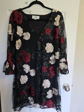 S-Twelve Black V-Neck Long Sleeve Dress with Red & Cream Floral Appliqué